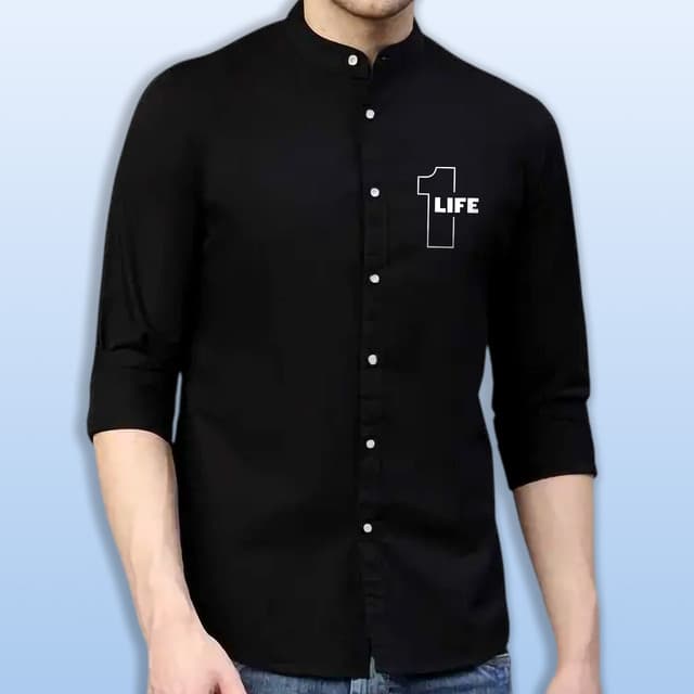 Men’s Black Mandarin Collar Casual Shirt – LIFE Print